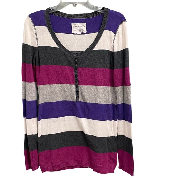 Aeropostale Bold Striped Henley Long Sleeve Womens Large Casual Y2K Colorblock - Picture 1 of 3